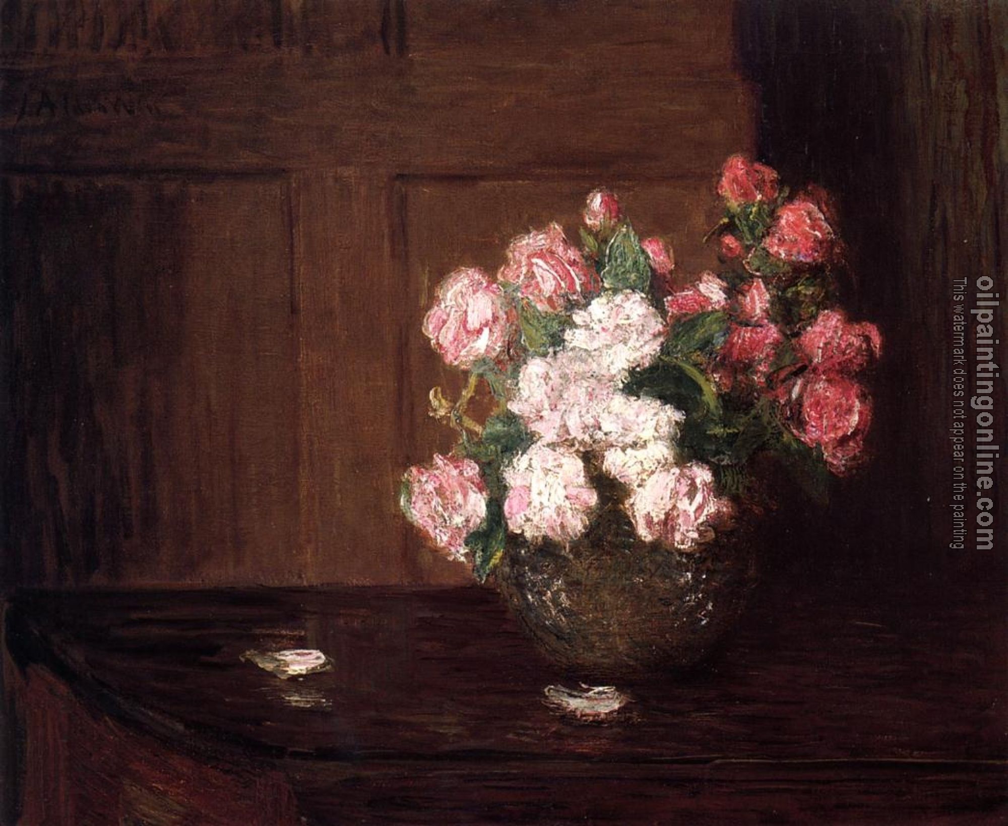Weir, Julian Alden - Roses in a Silver Bowl on a Mahogany Table
